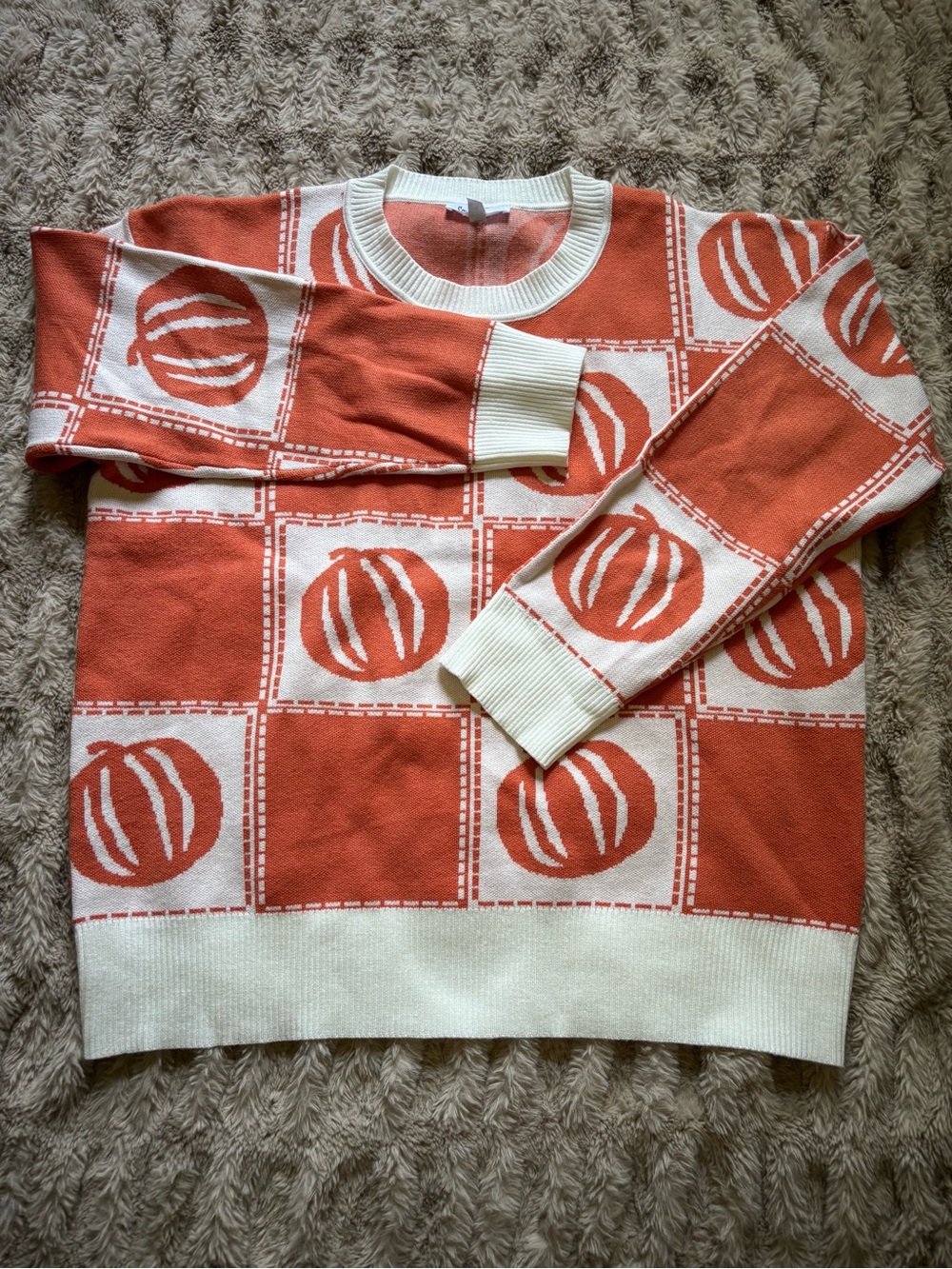 Women’s Orange and White Check-Pattern Crewneck Sweater